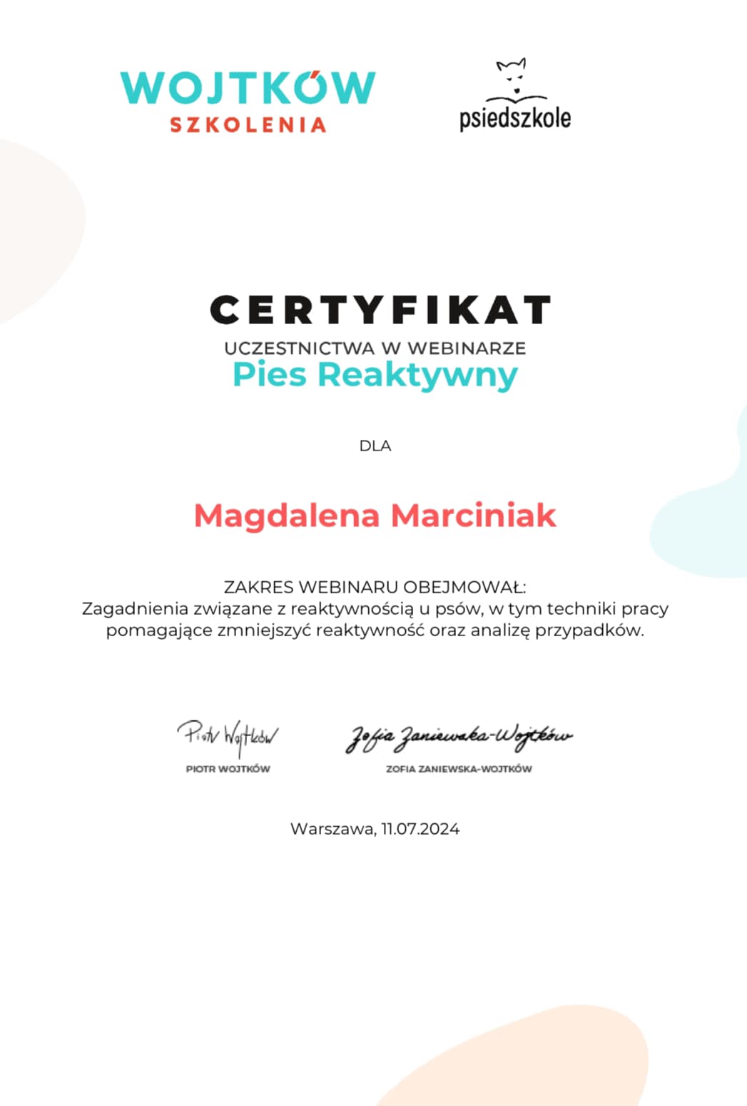 certyfikat 5, pies reaktywny